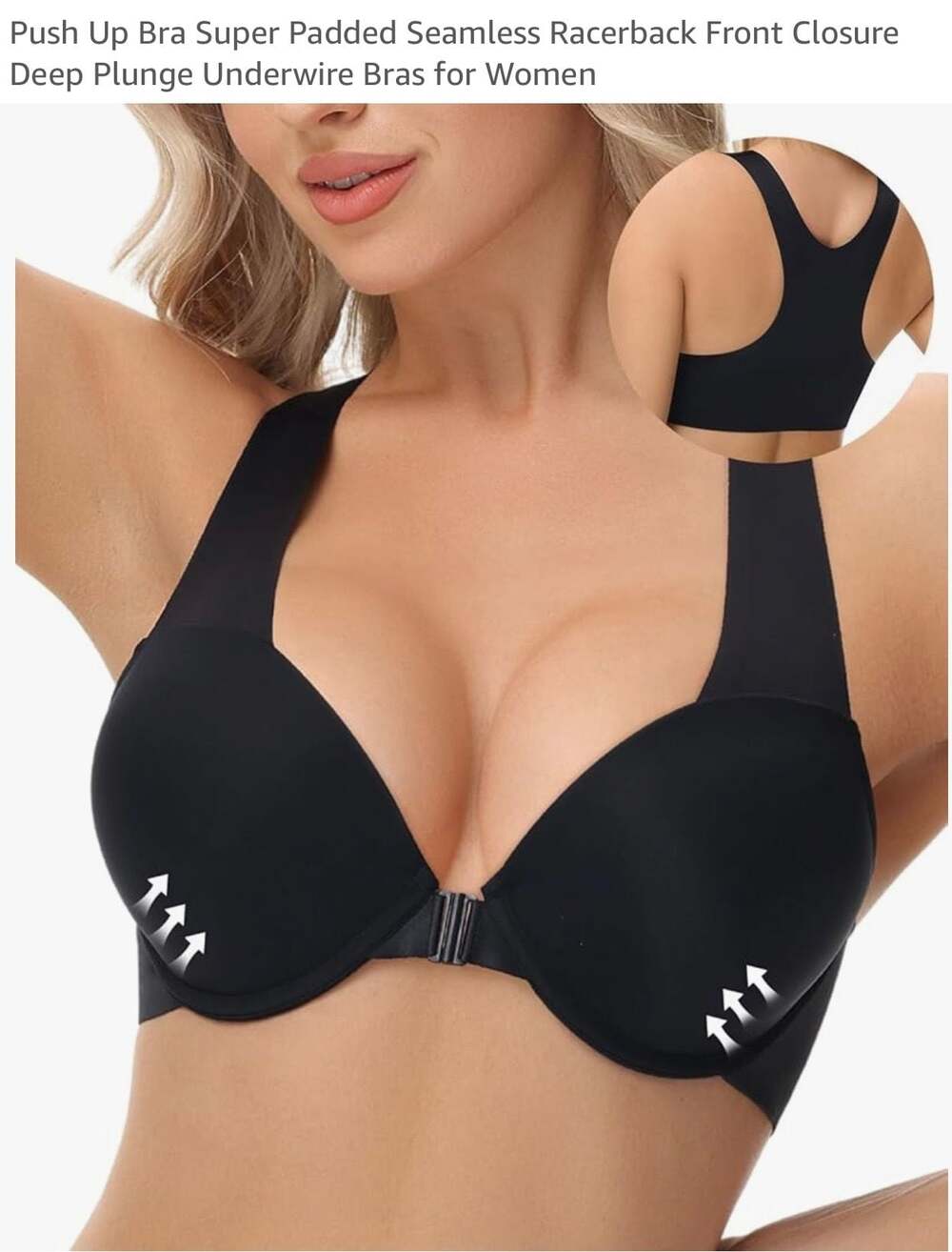 Rasback Front Closure Seamless Push Up Underwire Racerback Bra, Black, Size 40B
